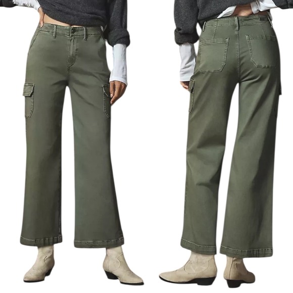 PAIGE Pants - PAIGE Cargo Jeans Wide Leg‎ Crop Sz 27 Ivy Green High Rise Stretch Anthropologie